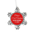 Personalized baby’s first Christmas ornament with red date medallion and silver snowflake frame
