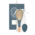 Hair brush set with wooden-handled brush and oval brush, in pouch