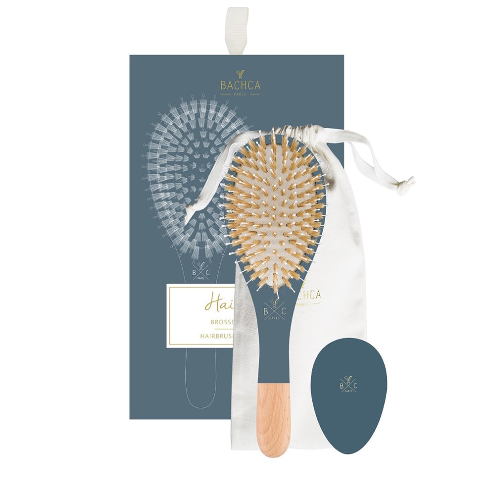 Hair brush set with wooden-handled brush and oval brush, in pouch