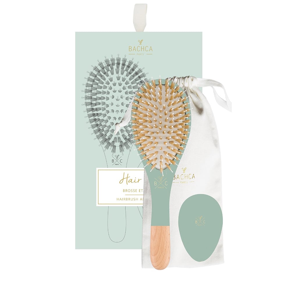 3-piece hair brush set with light green pouch, round and paddle brushes