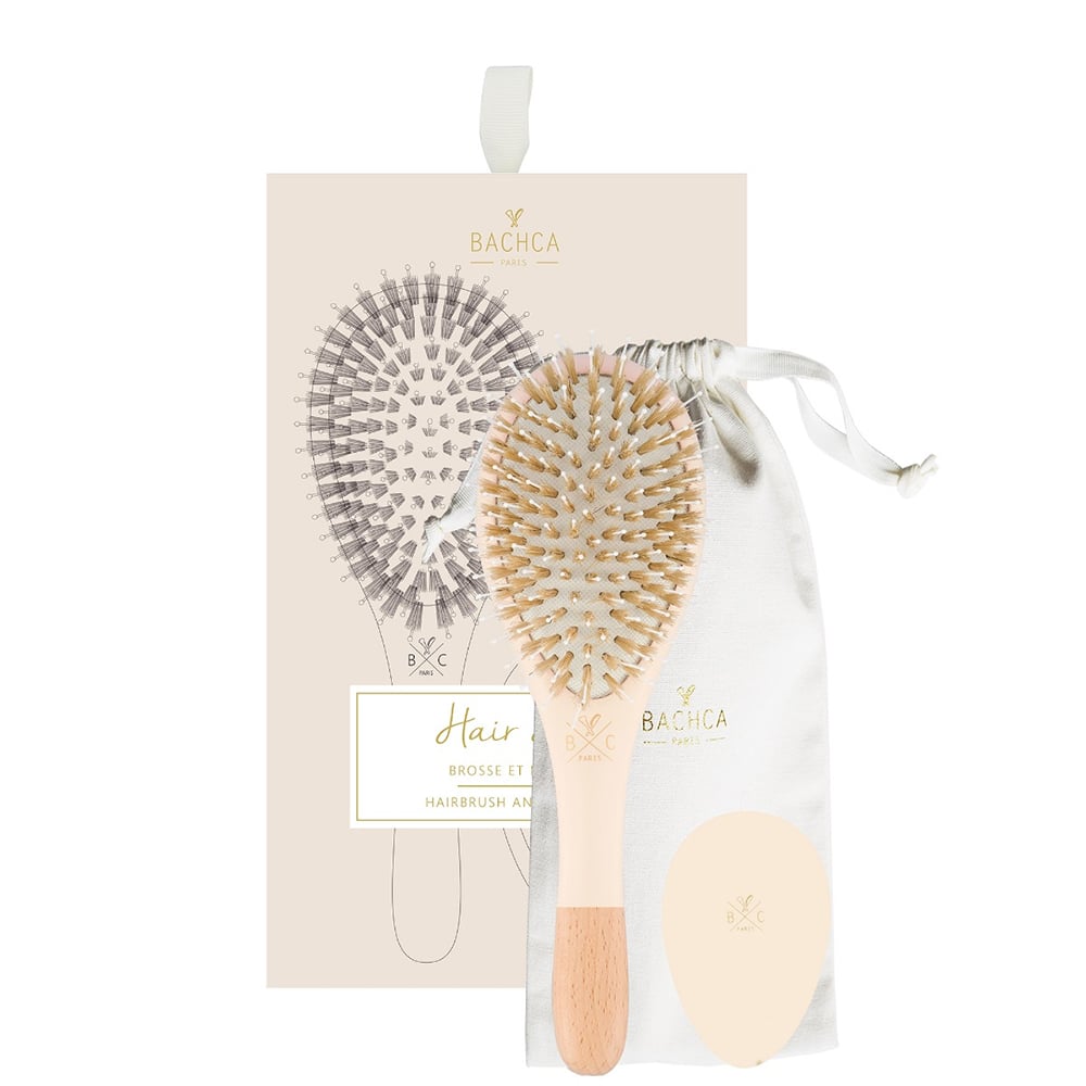 Hair kit set with two round hair brushes, wooden handle, and cleaning tool pouch