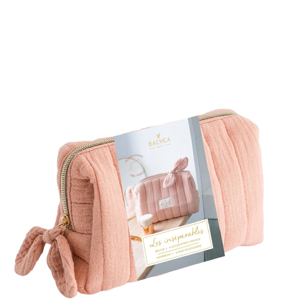 Pink bath accessory set with zip pouch and coordinated items