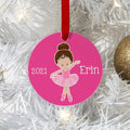 Pink round ballerina ornament with 2021 and name Erin on a red ribbon