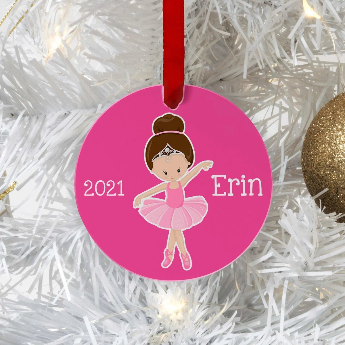 Pink round ballerina ornament with 2021 and name Erin on a red ribbon