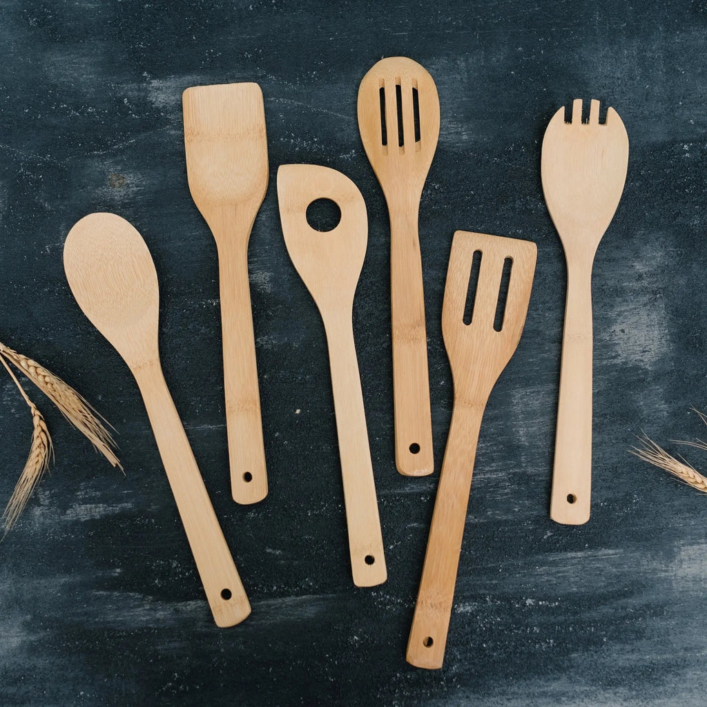 Bamboo utensil set of 6 with carved oval heads and long wooden handles
