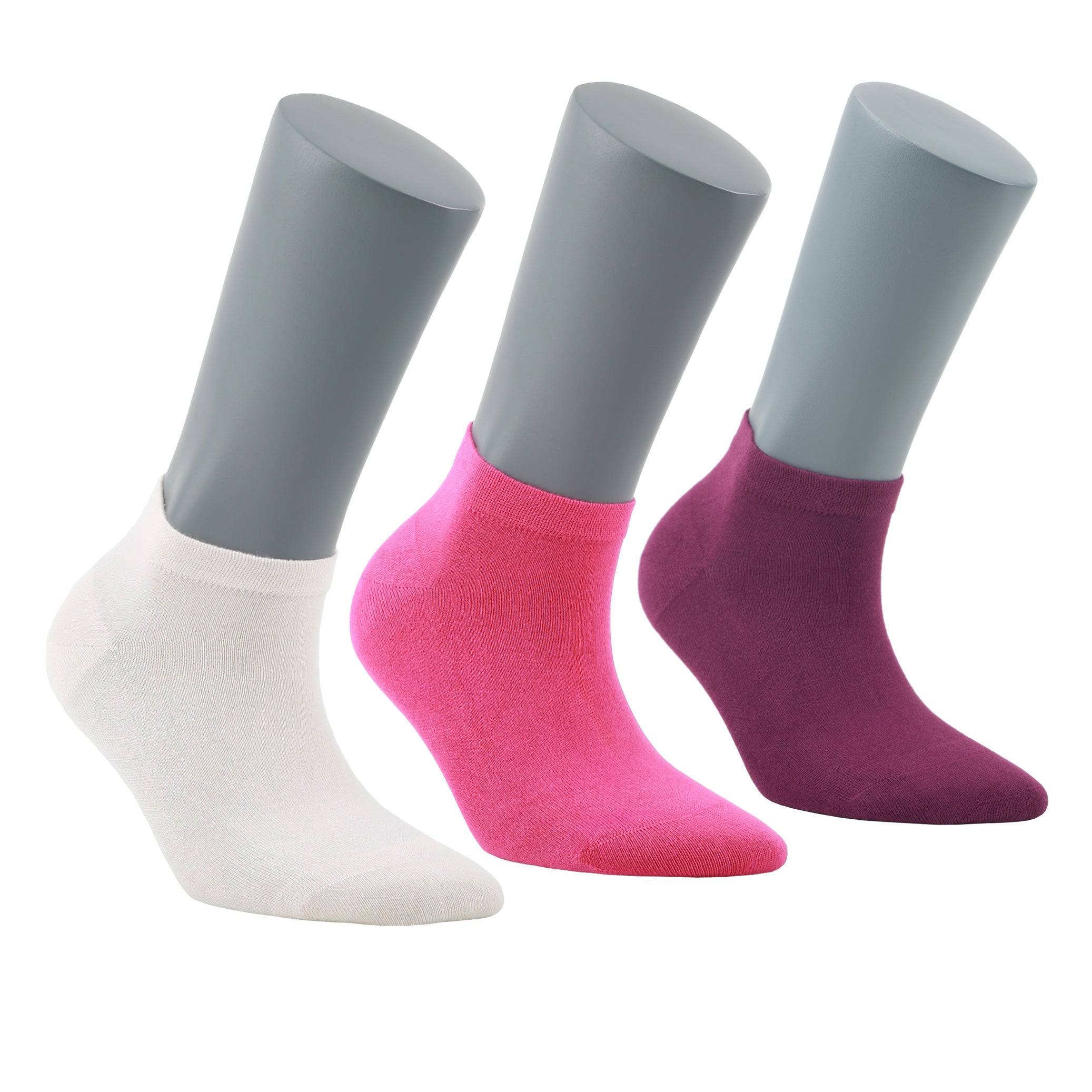 Women’s bamboo ankle socks, low-cut, mixed colors: white, bright pink, dark purple