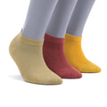 Mixed-color low-cut ankle socks: olive, rust red, and mustard yellow