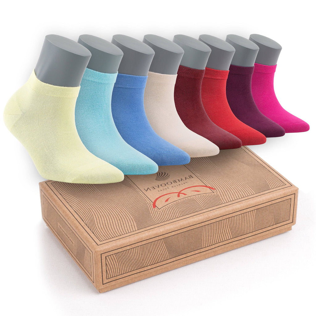 Mixed-color women’s ankle socks pack, including pale yellow, blue, red, and pink pairs