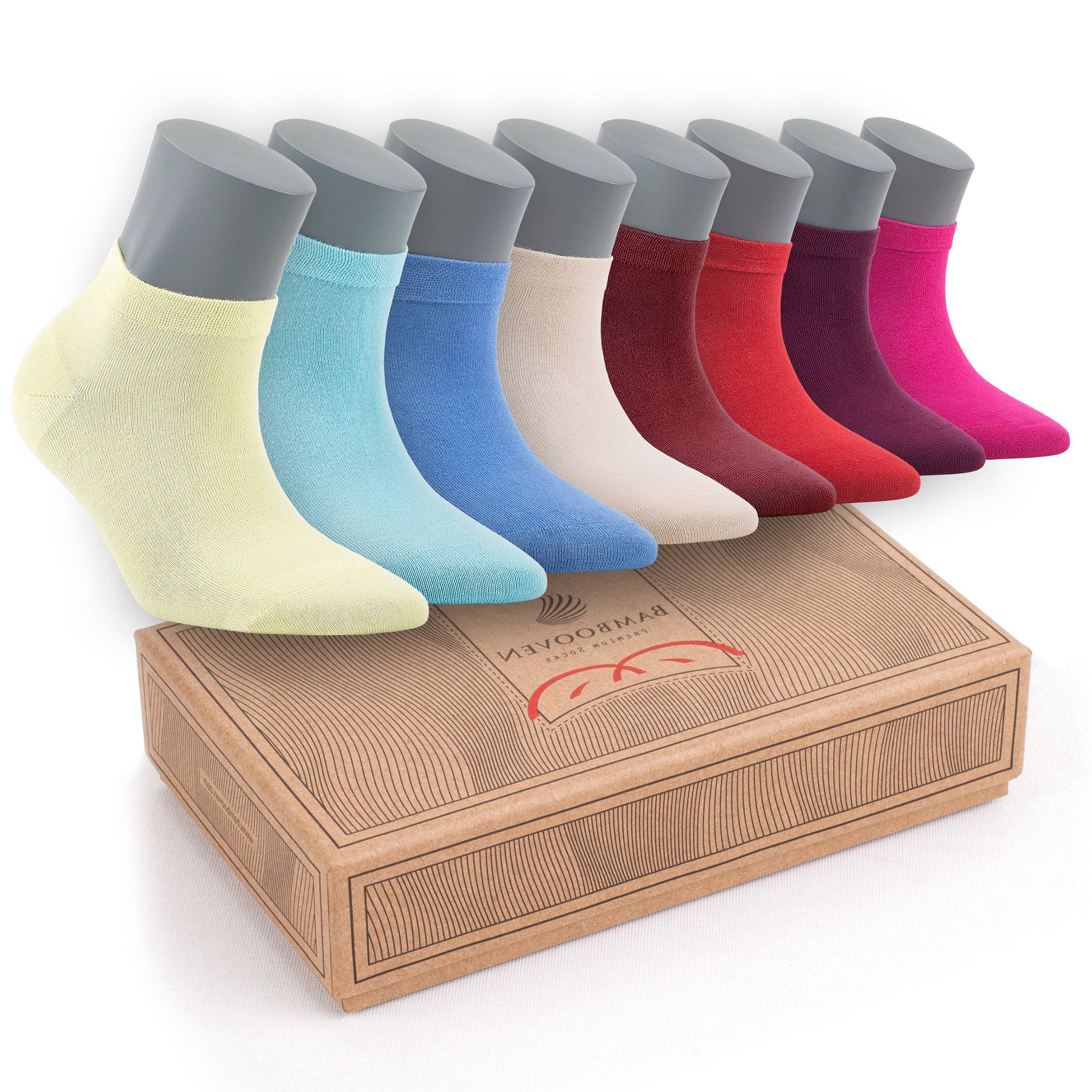 Mixed-color women’s ankle socks pack, including pale yellow, blue, red, and pink pairs