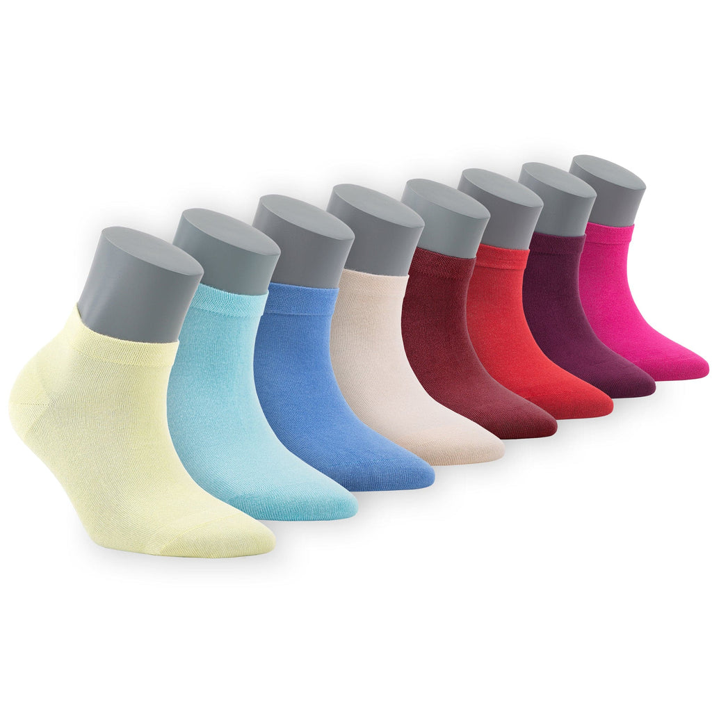 Mixed-color women’s ankle socks pack with pale yellow, light blue, navy, red, and pink pairs