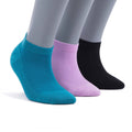 Three-pack low-cut ankle socks in teal, lavender, and black