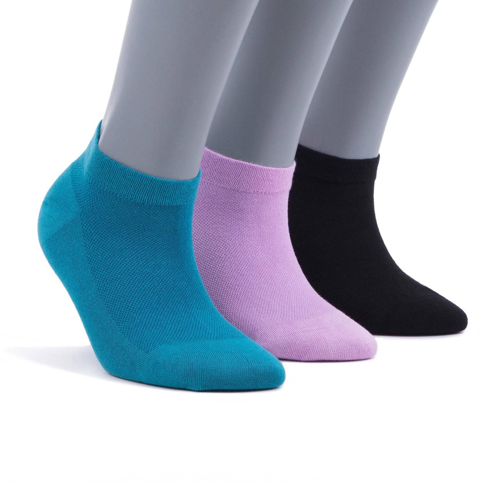 Three-pack low-cut ankle socks in teal, lavender, and black