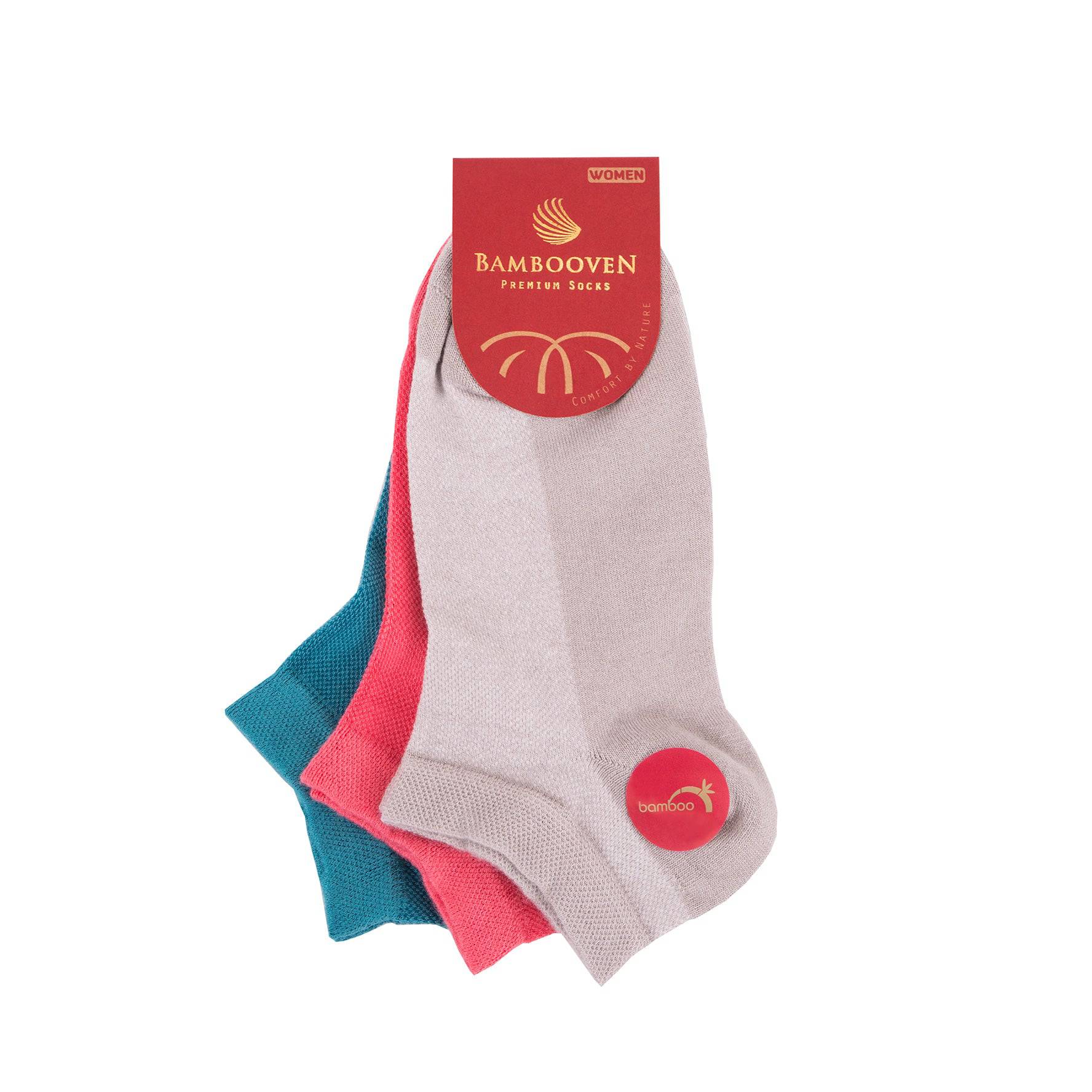 Bamboo ankle socks 3-pack in light gray with teal and coral cuffs