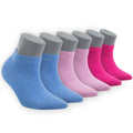 6-pack of womens ankle socks in blue, mauve, and pink with low-cut cuffs