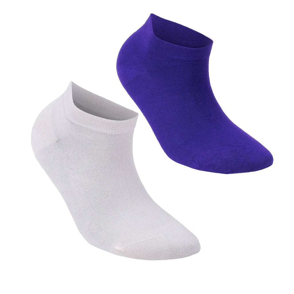Pair of low-cut ankle socks in white-gray and deep indigo-blue with ribbed cuffs.