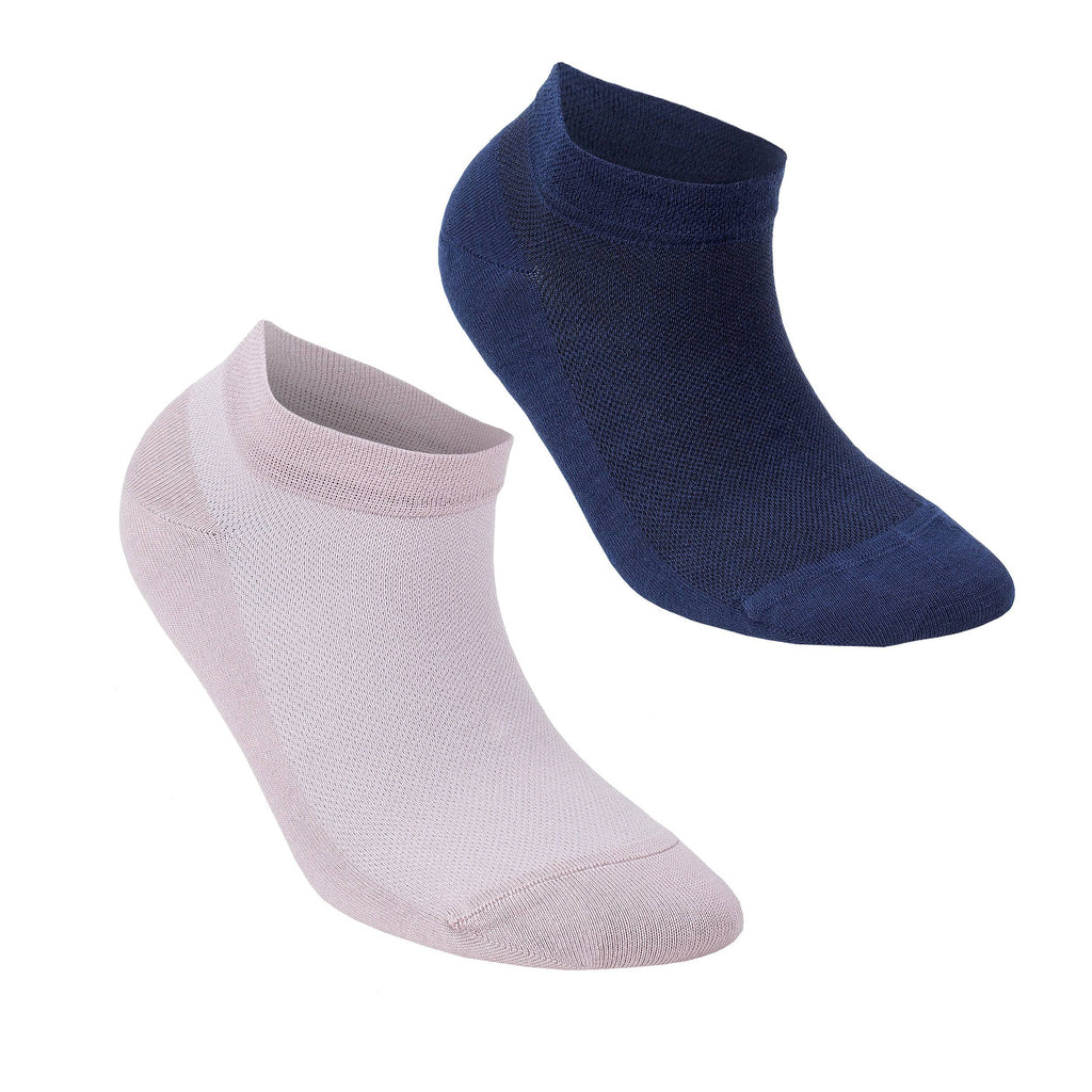 Pair of low-cut ankle socks in light blush and dark navy with smooth knit fabric.