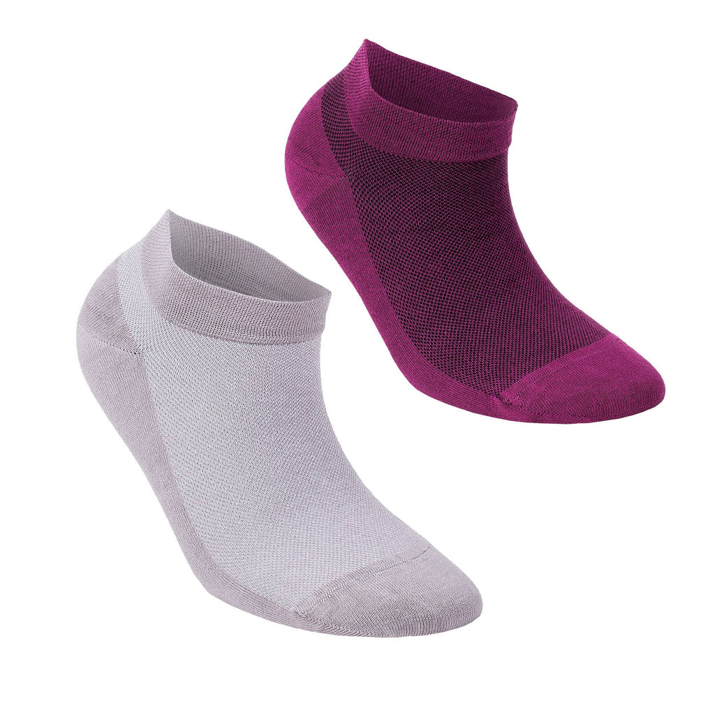 Pair of low-cut ankle socks in light gray and berry plum with soft, breathable knit.