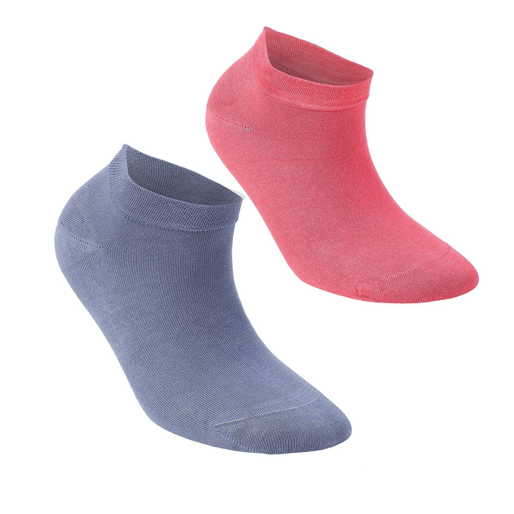 Pair of low-cut ankle socks in coral pink and slate blue with soft knit texture.
