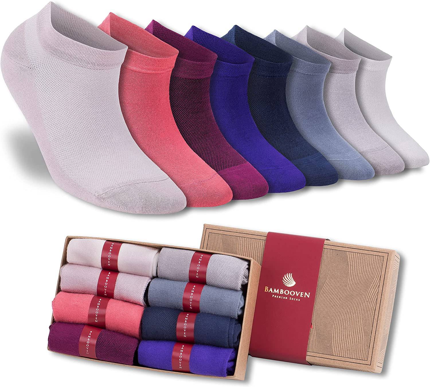8-pack of low-cut ankle socks in mixed pale pink, gray, red, purple, and navy.