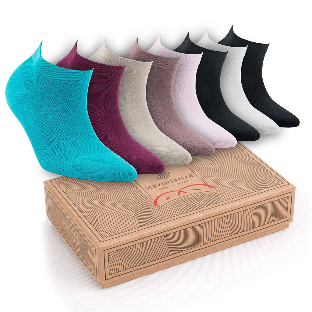 8-pack ankle socks in teal, purple, cream, lavender, and black low-cut pairs