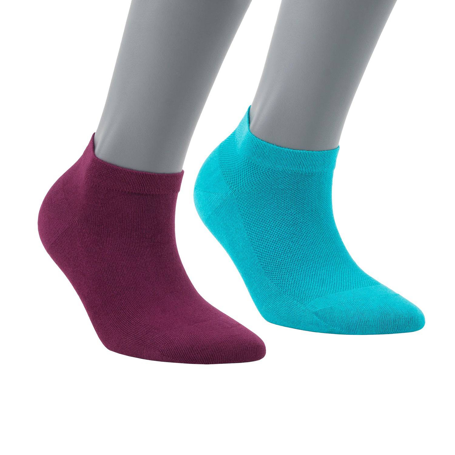 Pair of low-cut ankle socks in purple and bright teal