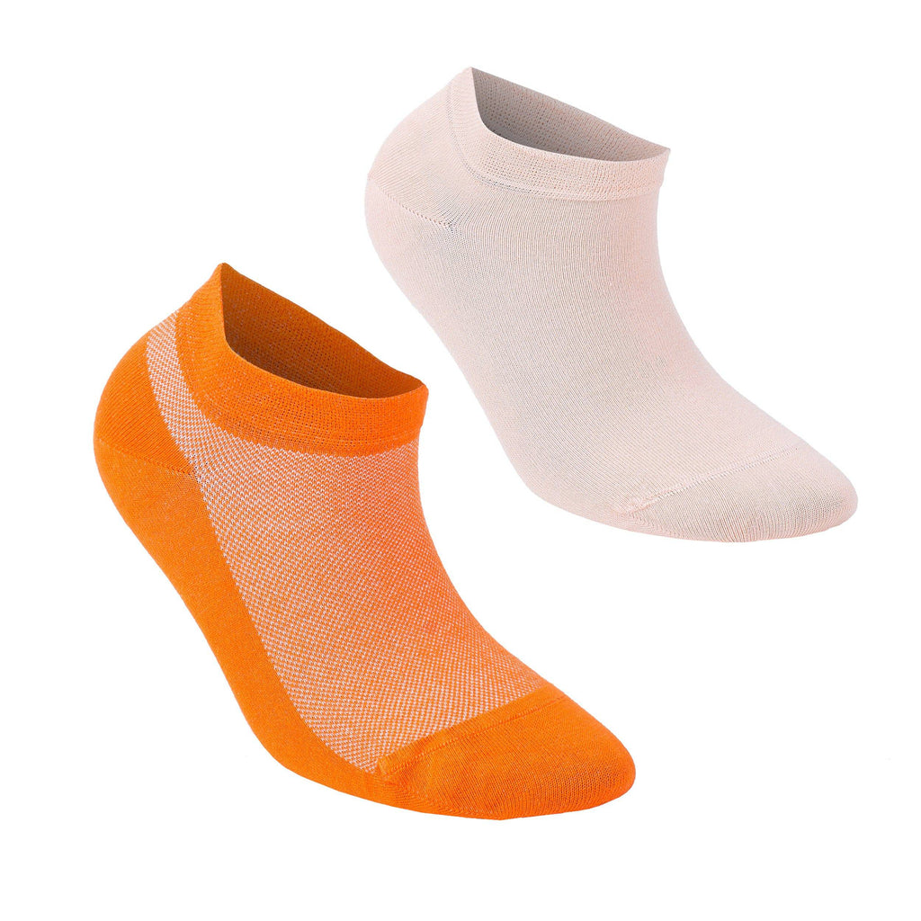 Beige and orange low-cut ankle socks, thin knit pair
