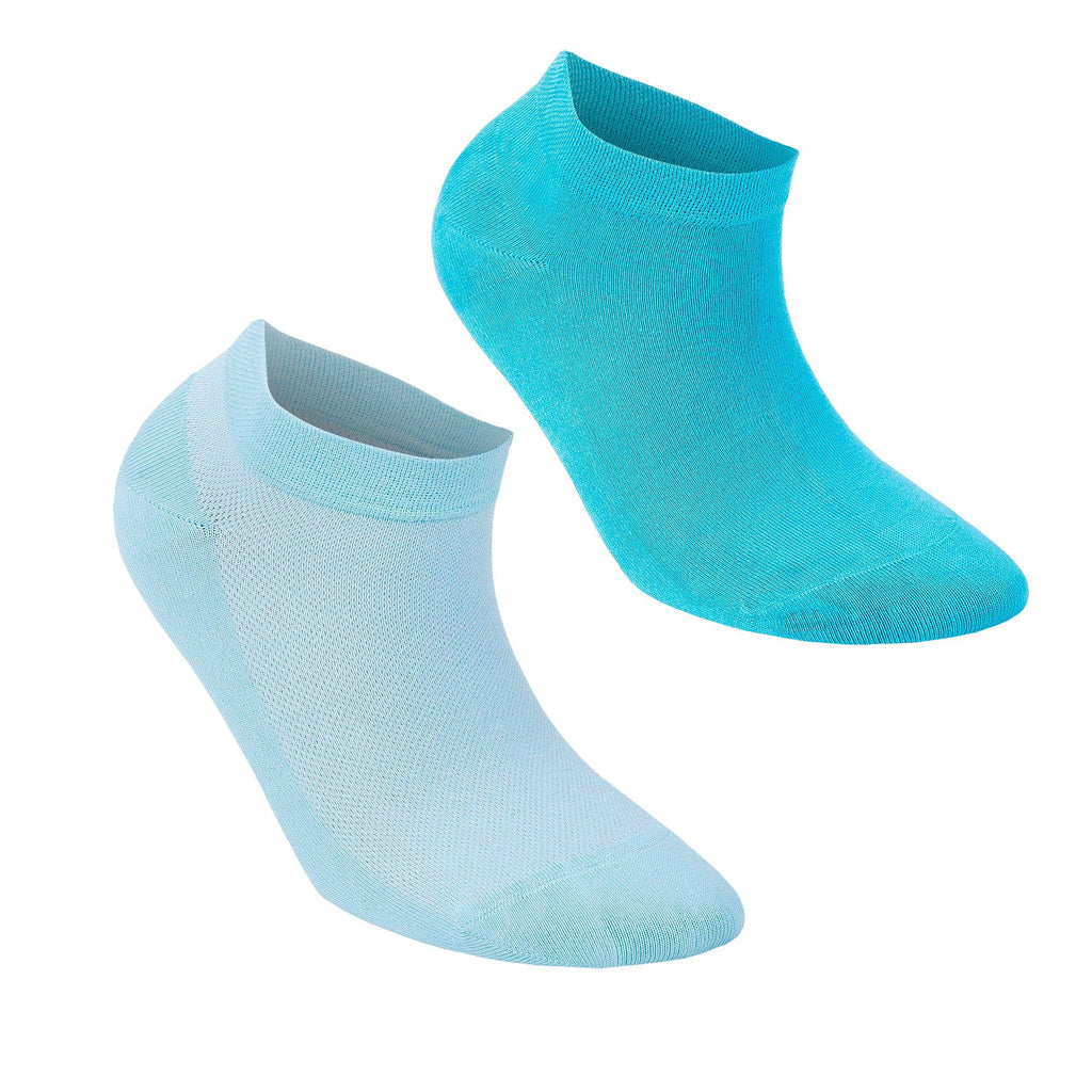 Pair of low-cut ankle socks in light blue and bright turquoise