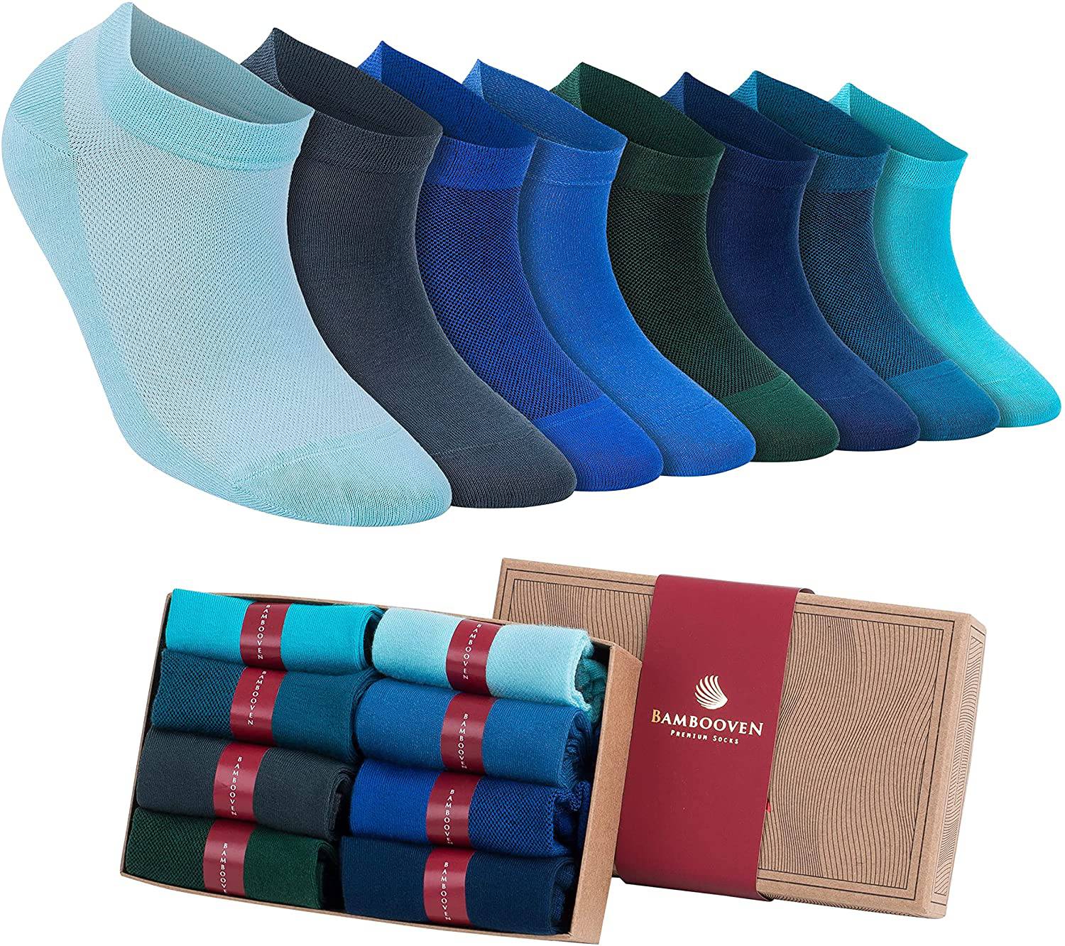 Low-cut ankle socks, mixed light blue, navy, teal, and green pack of eight