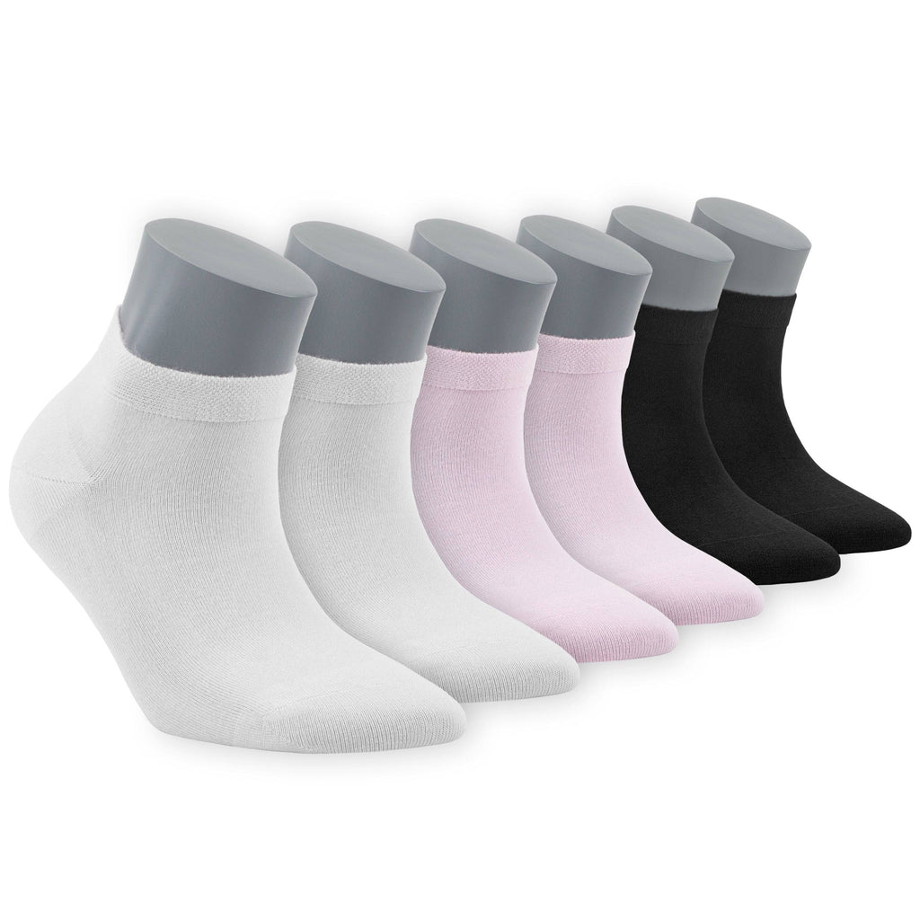 Women’s bamboo ankle socks 6-pack, mixed white, pink, and black pairs