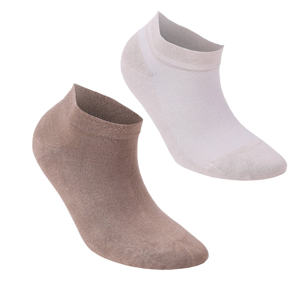 Low-cut ankle socks pair in white and brown, soft thin knit