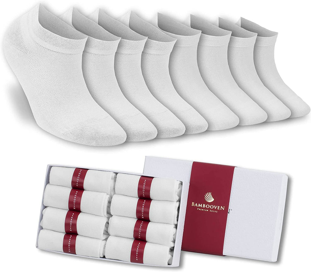 Women’s bamboo ankle socks, white soft thin low-cut, 8-pack, no-show style.