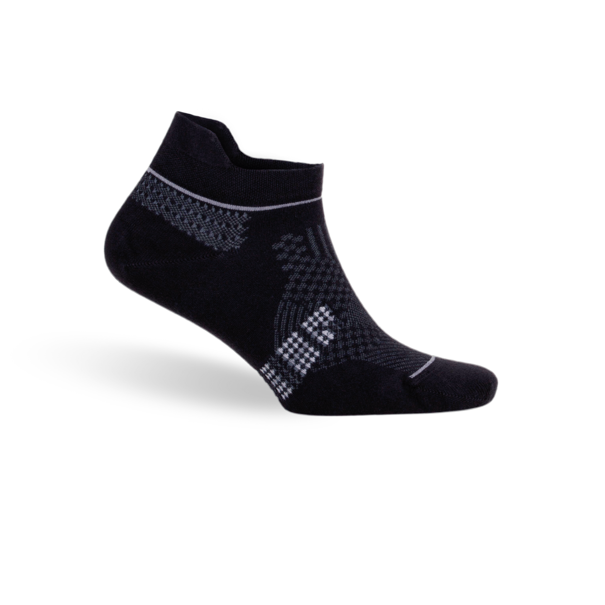 Black ankle socks with gray geometric knit and patterned band, bamboo blend