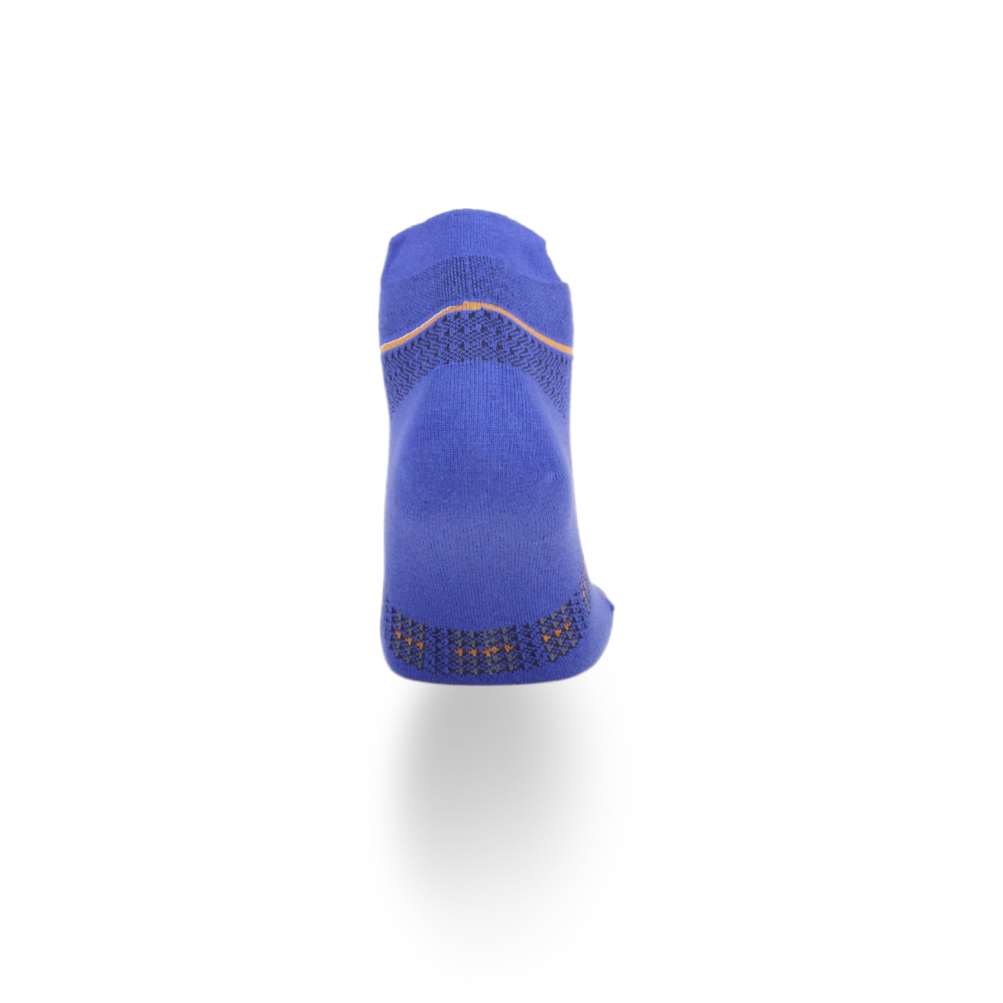 Blue ankle sock single with orange accent stripe at cuff, rear view