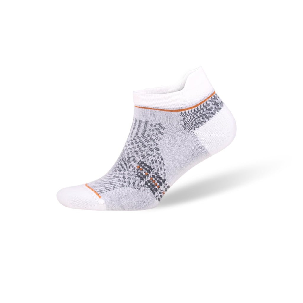 Gray ankle socks with white toe and orange trim, side pattern knit, bamboo blend