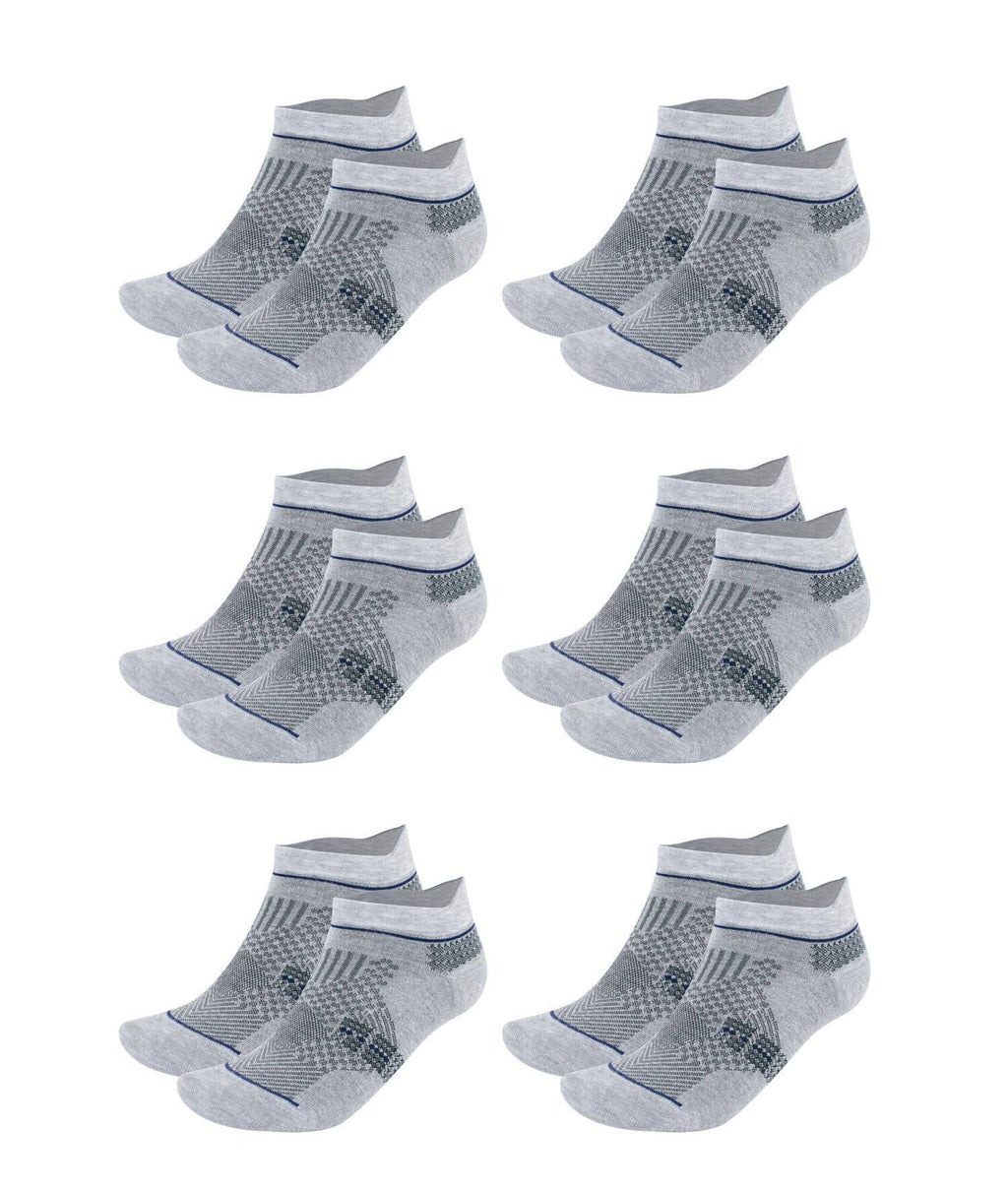 6-pack bamboo ankle socks in light gray with dark geometric knit pattern