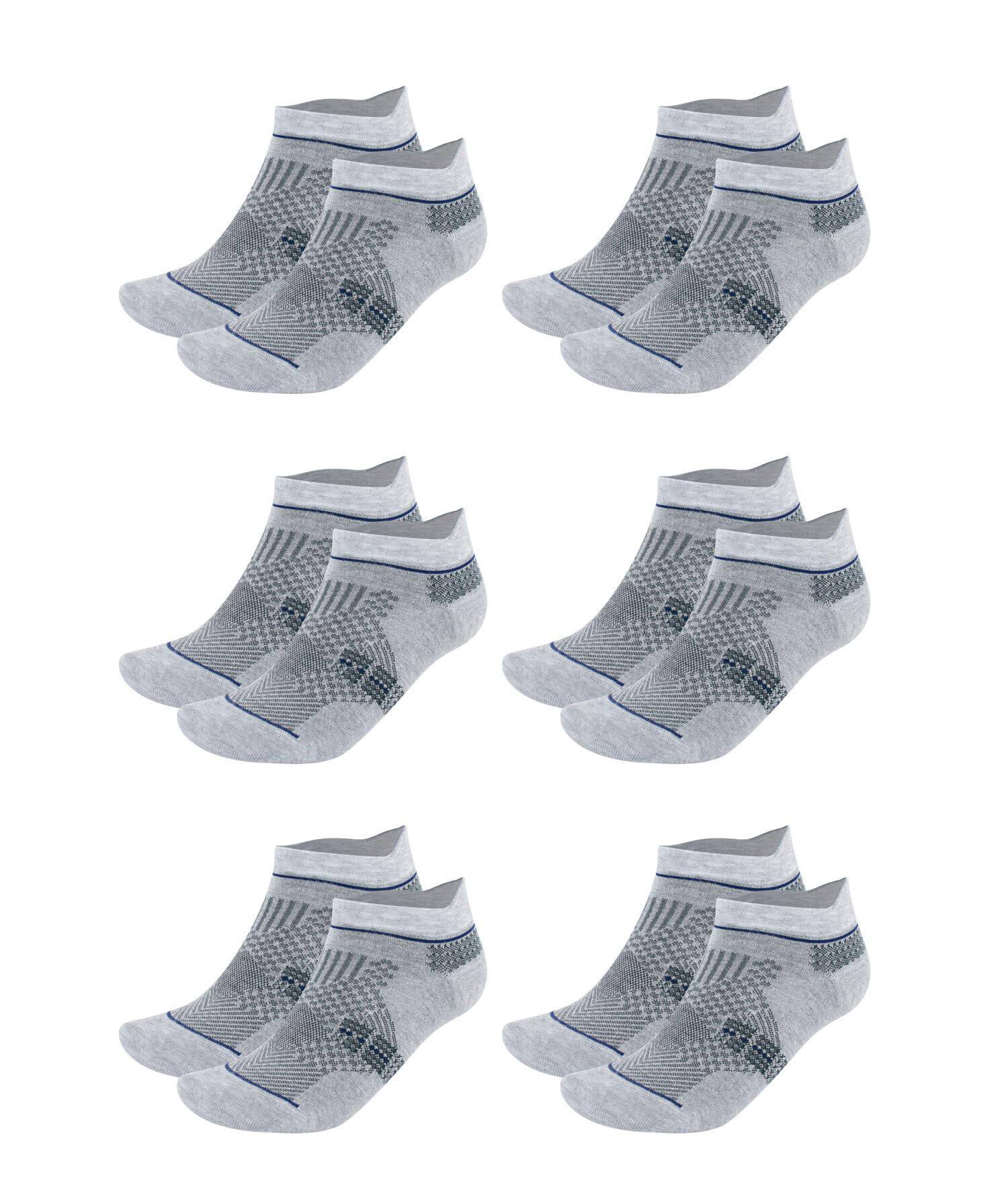 6-pack bamboo ankle socks in light gray with dark geometric knit pattern