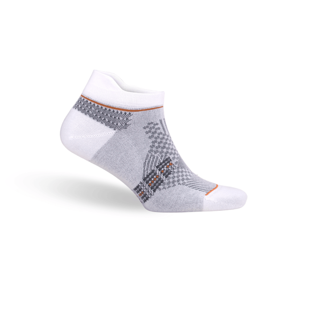 Gray ankle socks with white toe, dark pattern and orange accent, bamboo blend