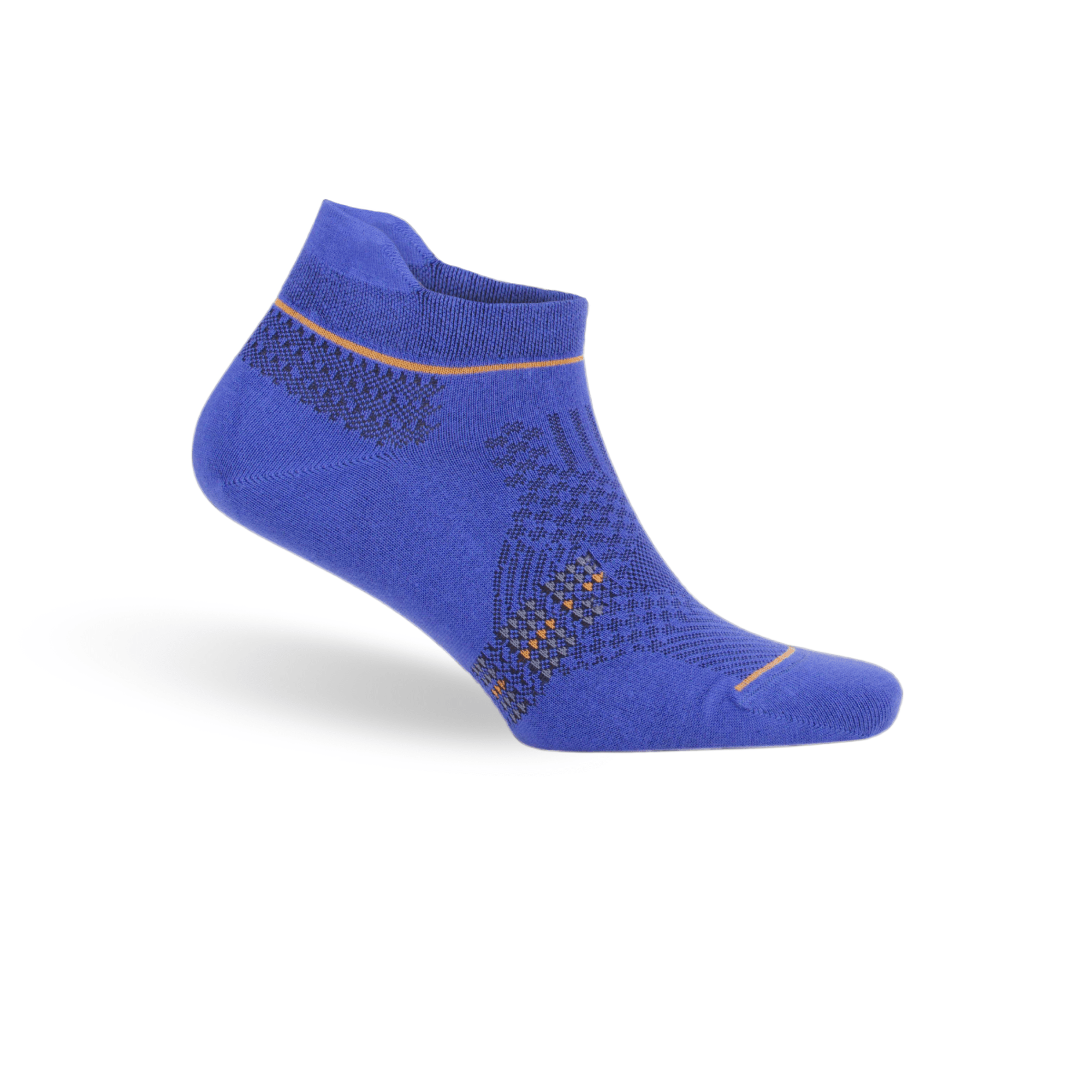 Blue ankle sock single with breathable knit texture and orange accent trim