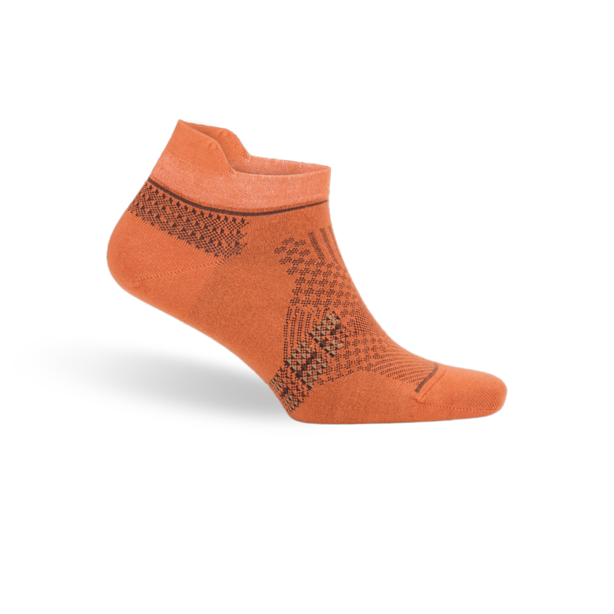 Orange ankle socks with dark geometric knit pattern at the cuff and foot