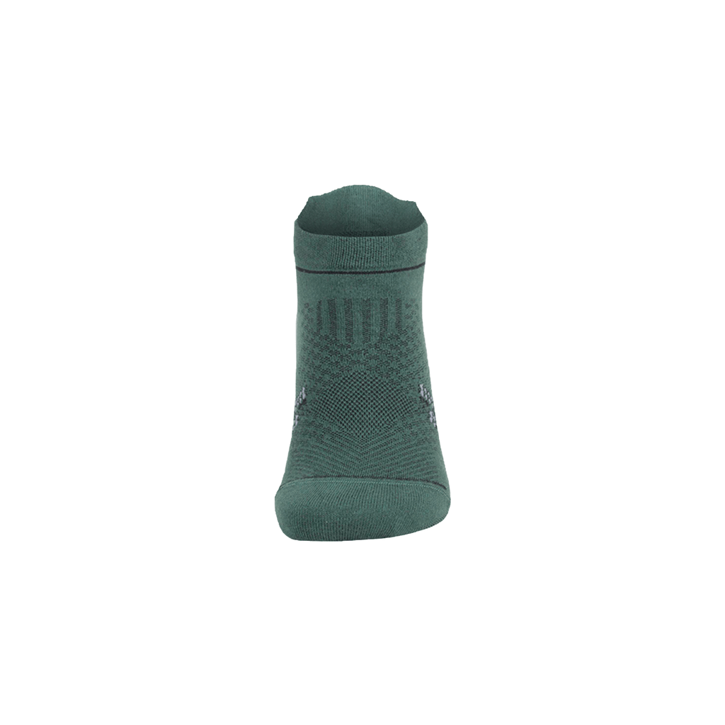 Bamboo ankle sock in dark green, back view with ribbed cuff and textured panel