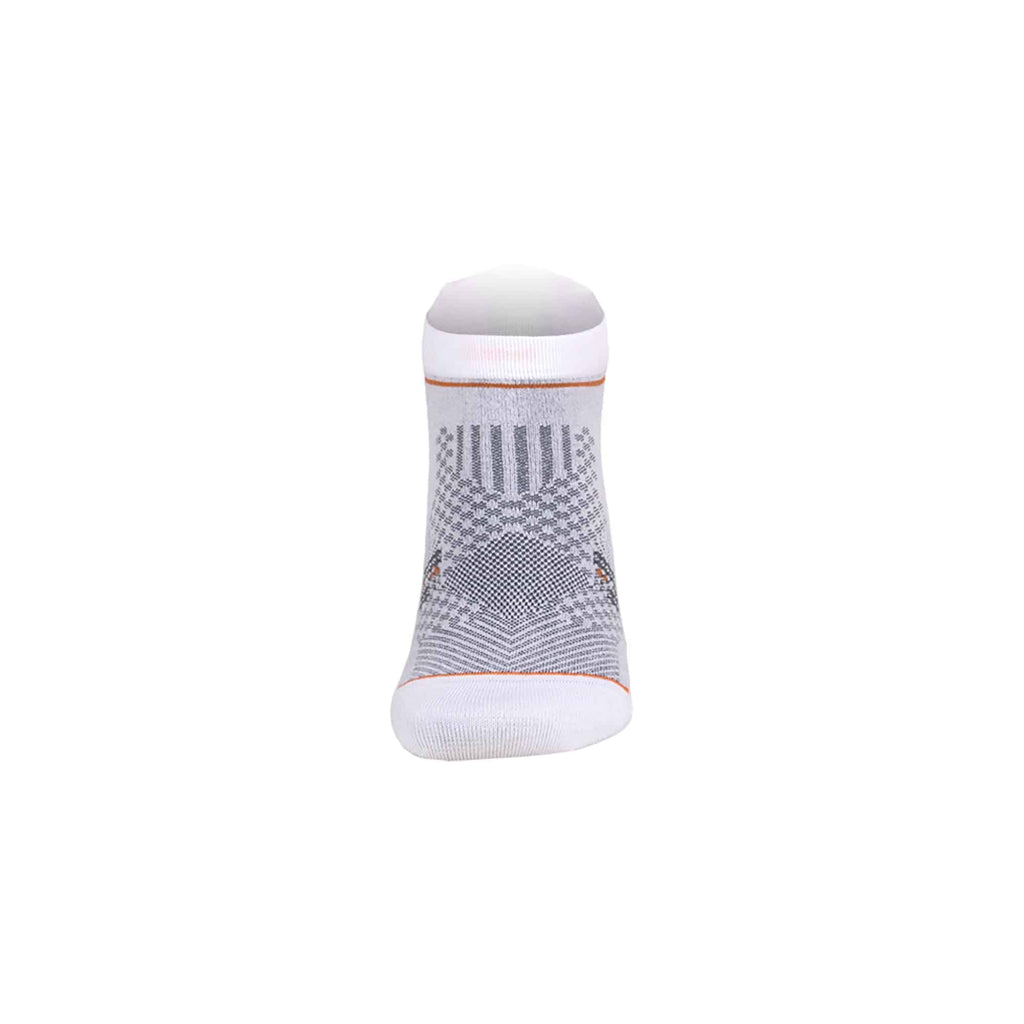 Gray ankle sock close-up with white cuff and geometric pattern, bamboo blend