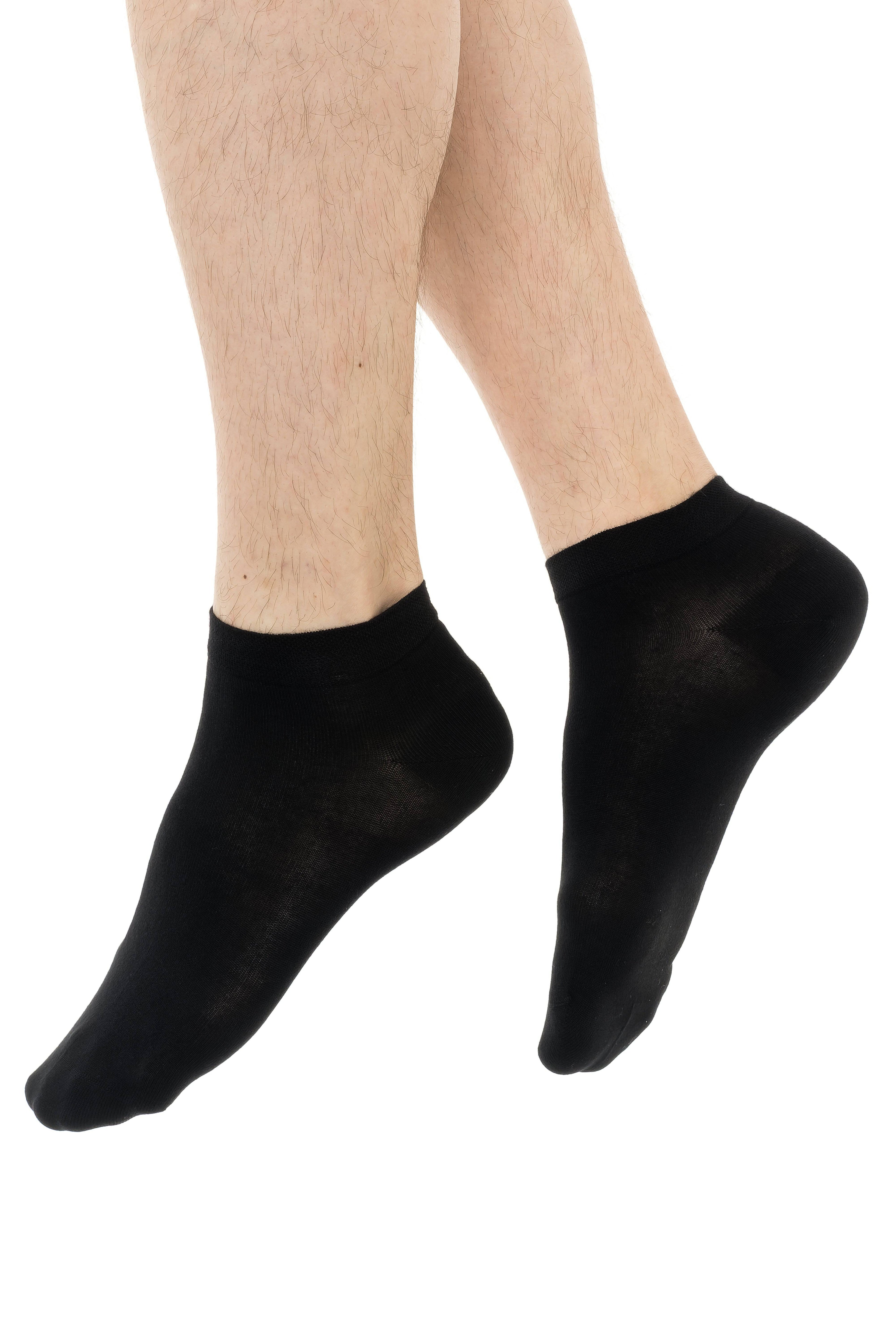 Black ankle socks on feet, close view of legs and socks