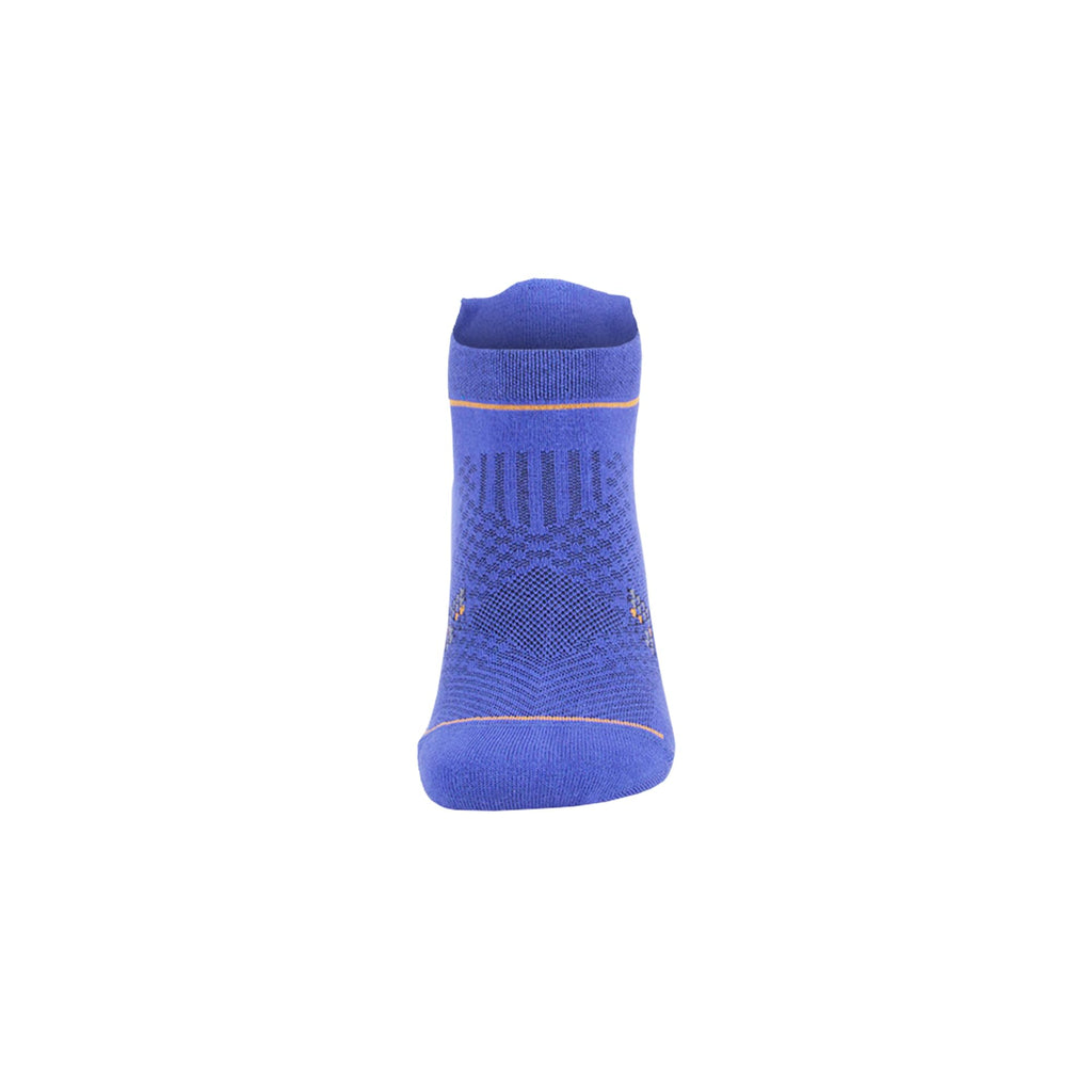 Blue ankle sock cuff and knit pattern with orange accent trim, front view