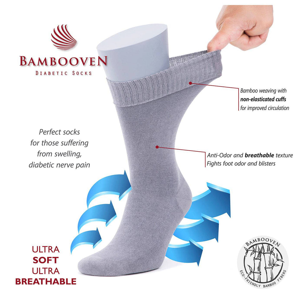 Light gray diabetic socks with ribbed crew leg and non-elastic cuff