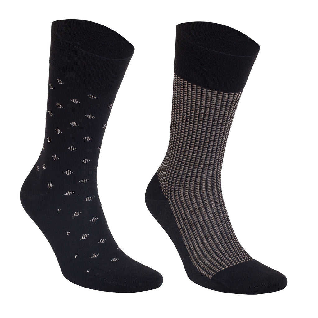 Men’s bamboo dress socks, dark pair with tiny motif print and knit stripe texture