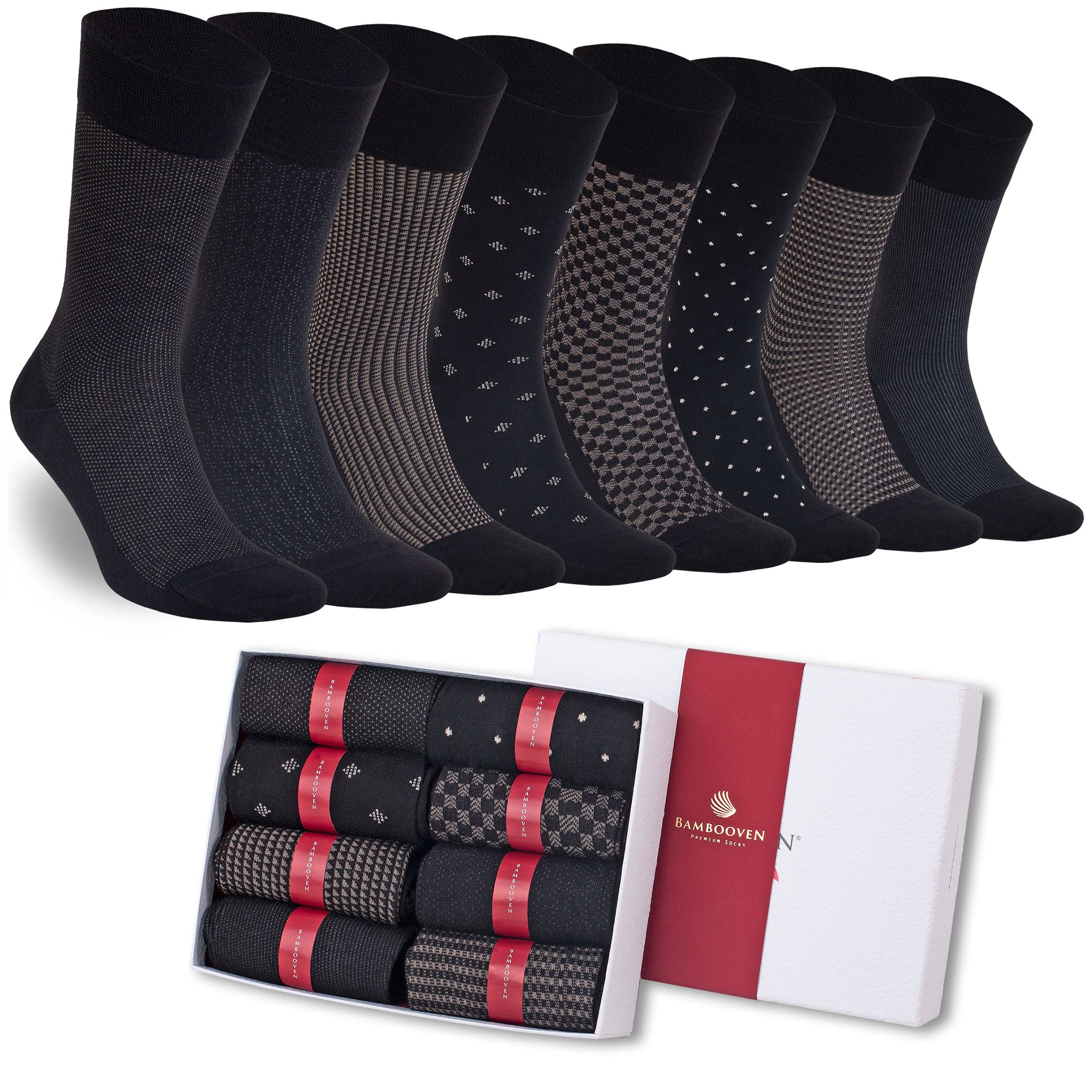Men’s bamboo dress sock 8-pack, dark socks with mixed geometric and dotted patterns
