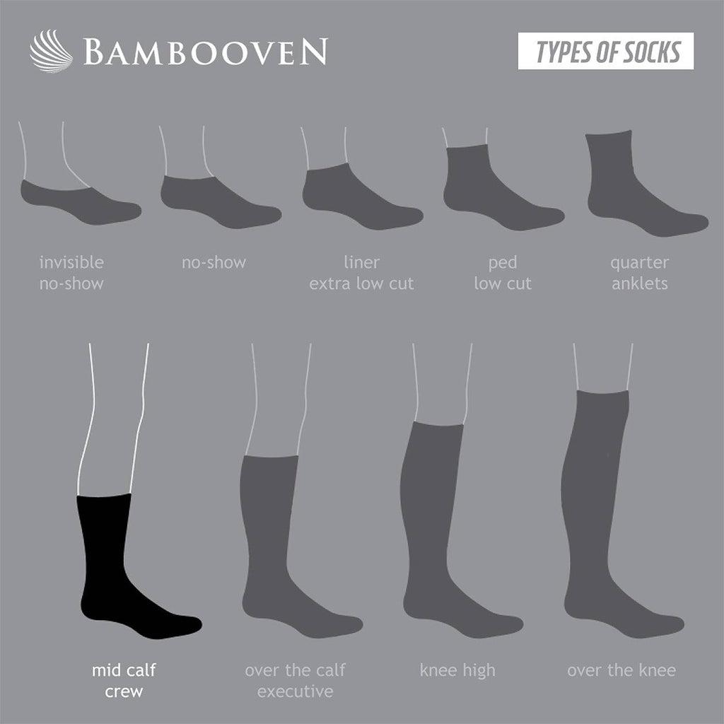 Sock styles chart showing crew, quarter, mid-calf, and knee-high socks in gray