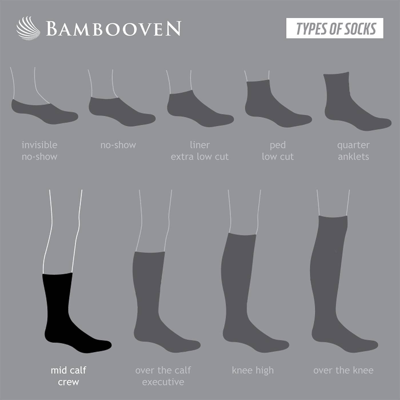 Sock styles chart showing crew, quarter, mid-calf, and knee-high socks in gray