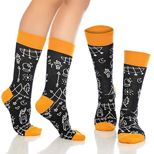 Crew socks with orange cuffs and black-and-white cat doodle patterns.