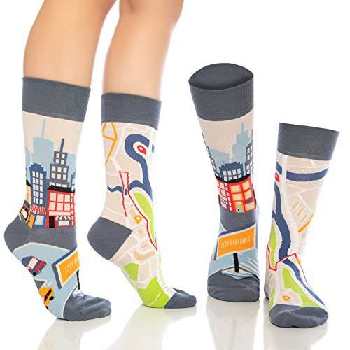 Crew socks with city skyline scenes in blue tones, gray cuffs, and colorful accents.
